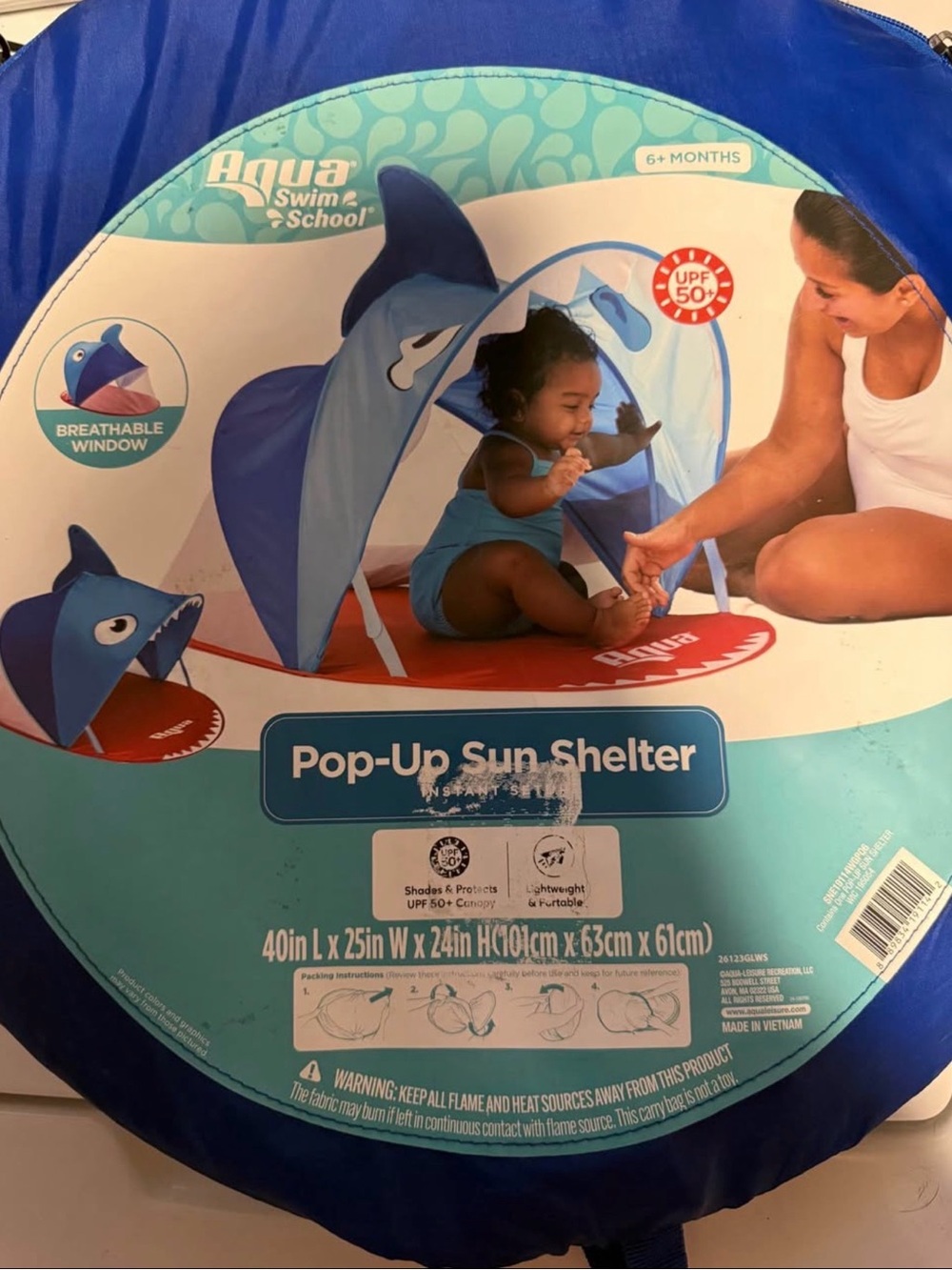 Aqua Pop-Up Sun Shelter — Light Blue & Navy Shark Canopy